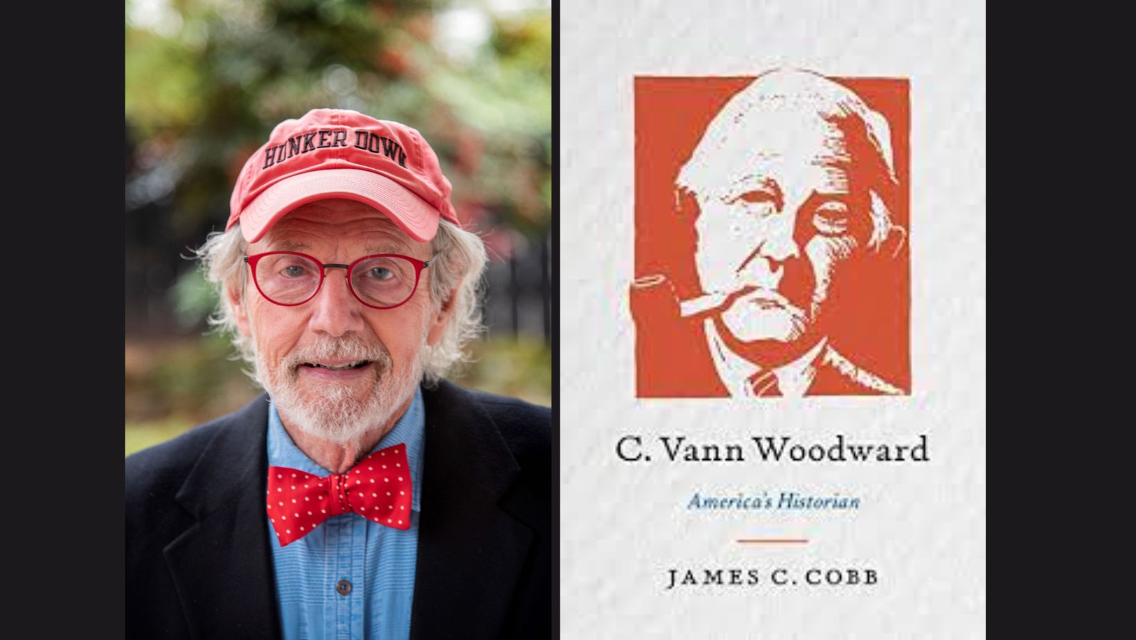 Portrait of Jim Cobb and cover jacket from book C. Vann Woodward