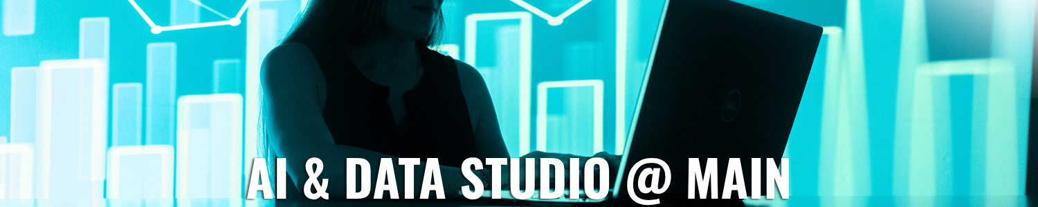 Graphic showing woman using computer with text overlaid that says AI & Data Studio