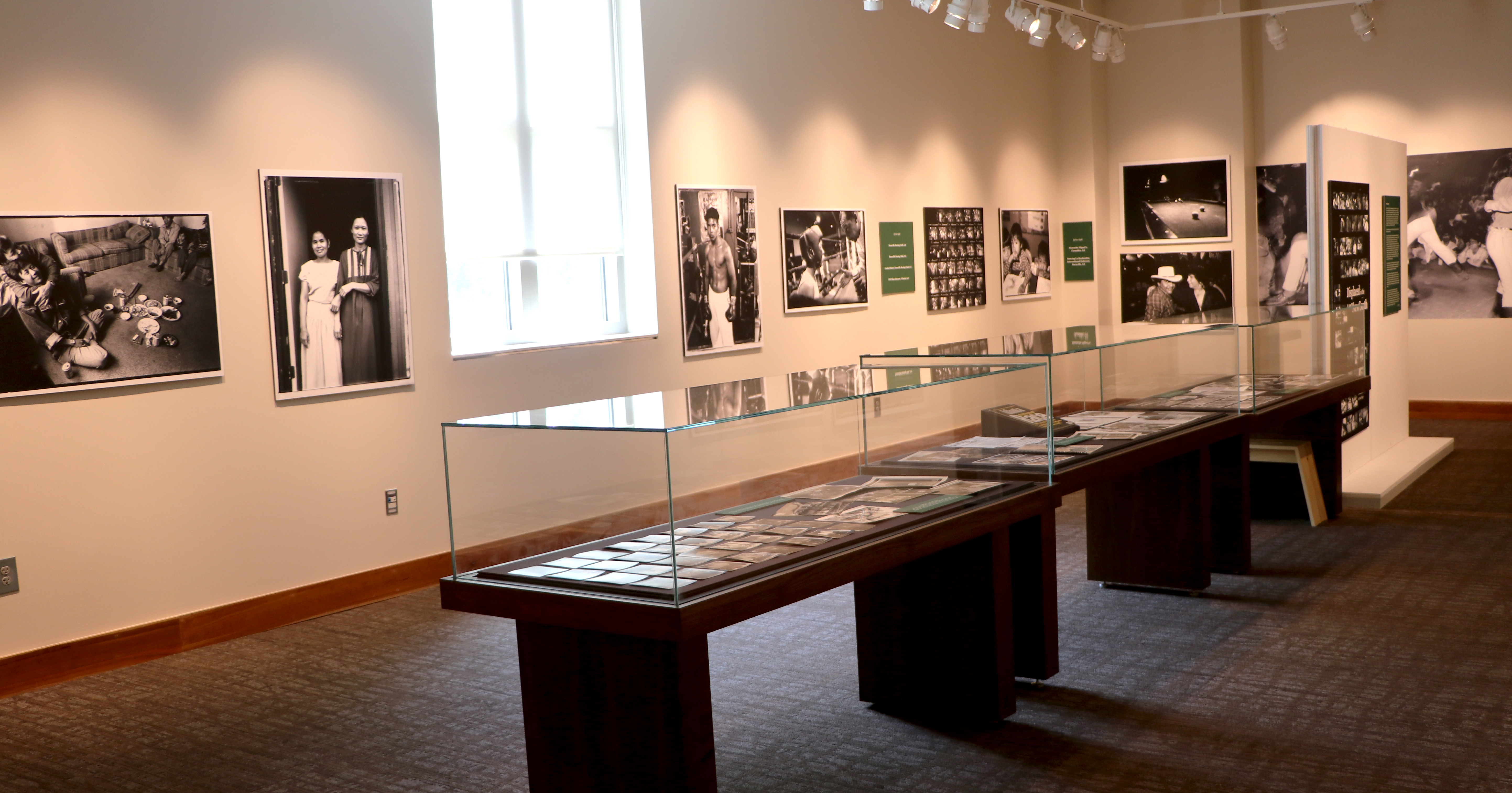 photograph of exhibit cases with images on the wall in a special collections room 