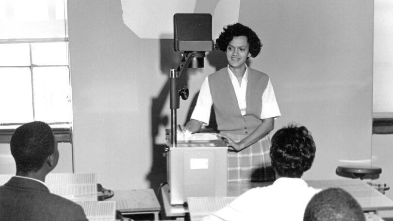 Shirley Mathis McBay gives a presentation to a class