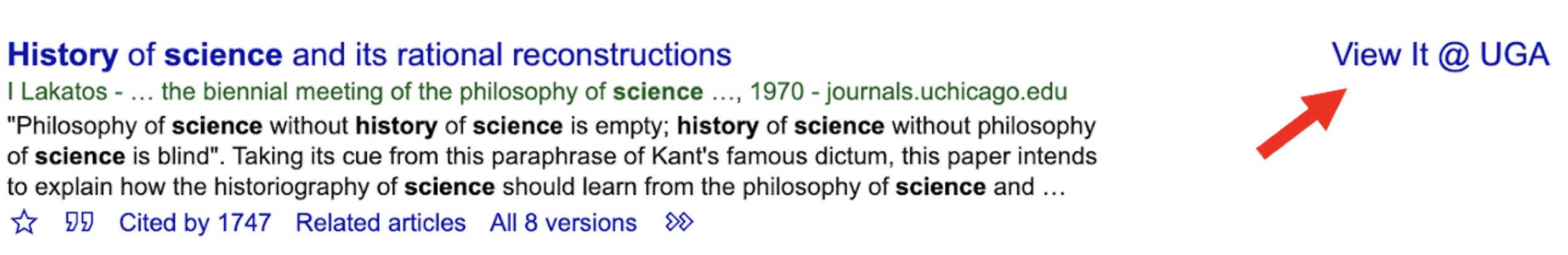 An arrow points at a VIEW IT @ UGA link in the margin of Google Scholar results. Another arrow points at the >> icon under a book citation in Google Scholar.  