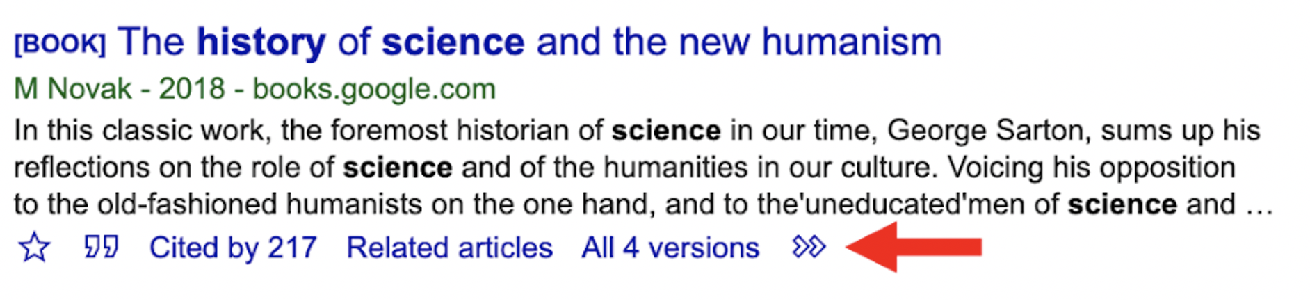 An arrow points at the >> icon under a book citation in Google Scholar.
