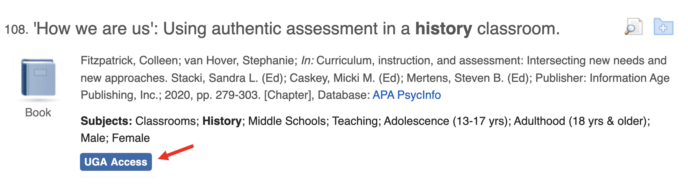 Red arrow pointing to blue UGA Access button underneath a book chapter citation