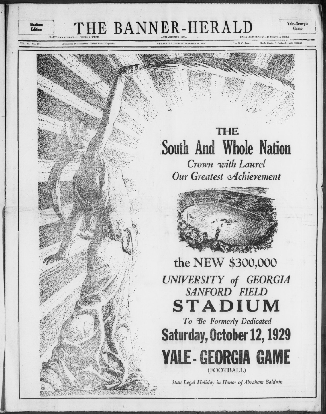 Newspaper image black and white featuring a 1929 celebration of UGA's Sanford Stadium's first game