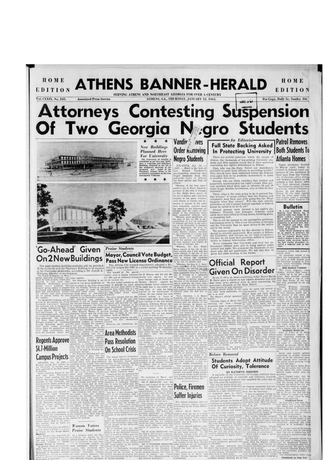 Athens Banner-Herald newspaper image from 1961