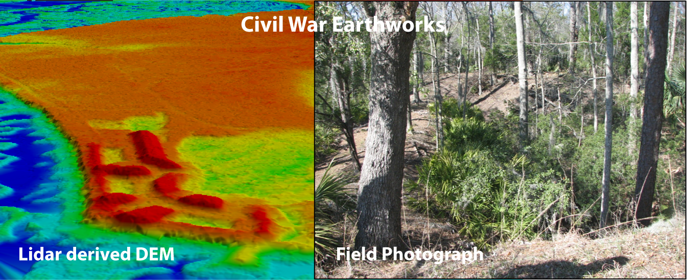A Lidar derived DEM and a field photograph showing earthworks