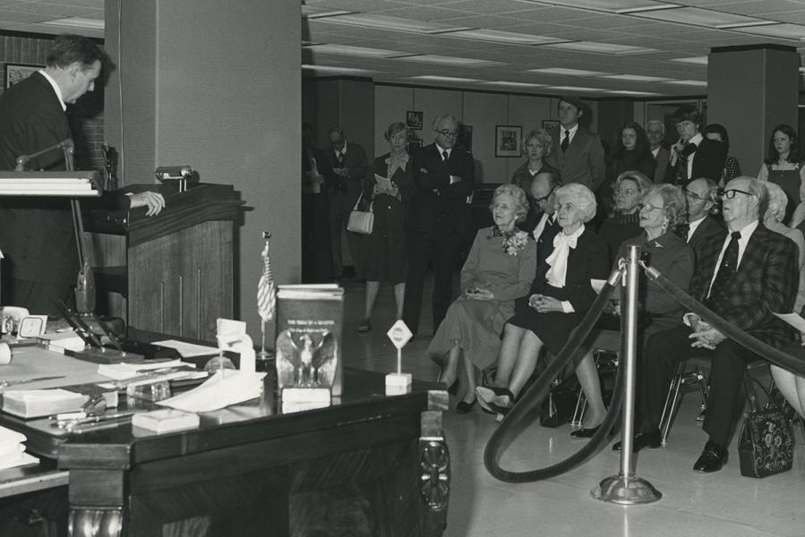 At podium: Dr. Fred C. Davison, President of the University of Georgia (1967-1986). Seated first and second row: Members of the Russell Family and guests.
