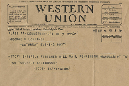 Western Union telegram to Lorimer from Booth Tarkington