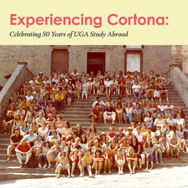 Photo of UGA students seated in the shape of the letter G on steps in Cortona