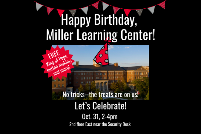 Flier reads "Happy Birthday Miller Learning Center!" with a birthday hat image placed on top of a photo of the building.