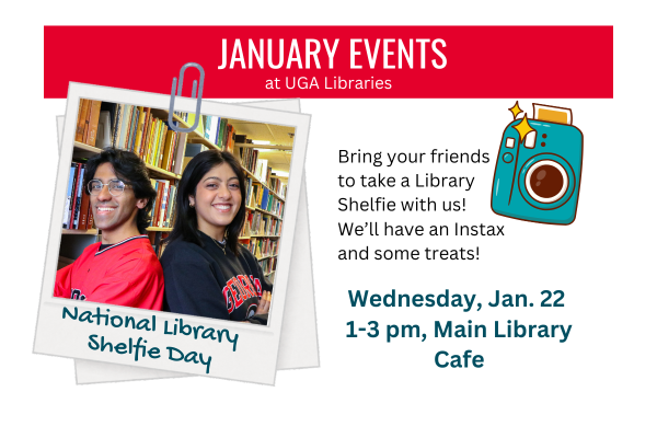 Male and female students posing in front of a library shelf with info on Library Shelfie Day Jan. 22