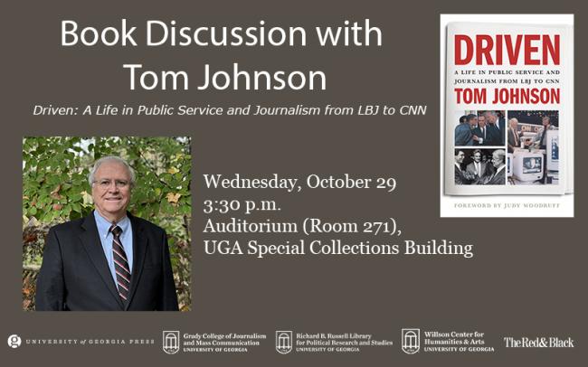 Image of Tom Johnson wearing a suit. Image of Driven book cover. Logos of co-sponsors.