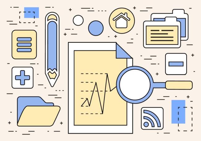image of computers, files, a magnifying glass and pencil 