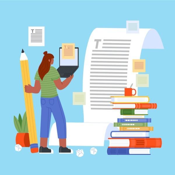 Woman writing a paper with books and a laptop and pencil 