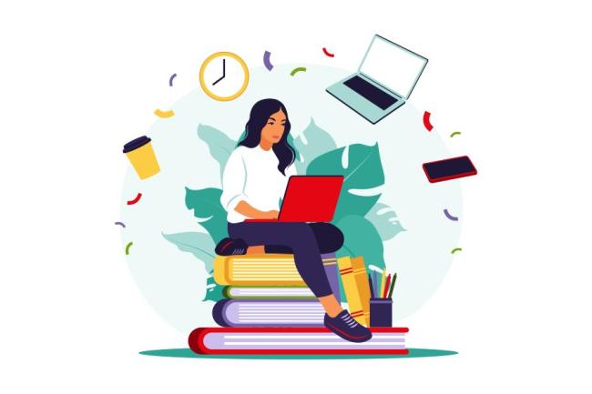 Woman studying with books and a laptop and coffee 