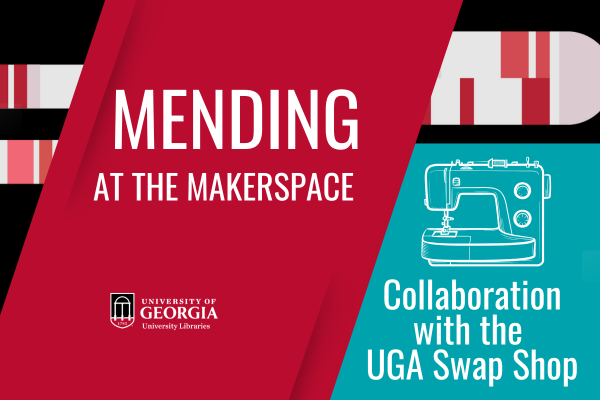 Mending at the Makerspace graphic red and black with a sewing machine in a blue block