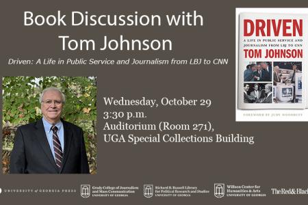 Image of Tom Johnson wearing a suit. Image of Driven book cover. Logos of co-sponsors.