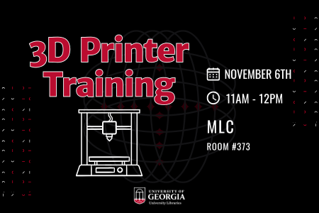 3D printer training red, white, and black graphic that includes a sketch graphic of a 3D printer