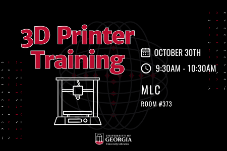 3D printer red, white, and black graphic including a sketch 3D printer image