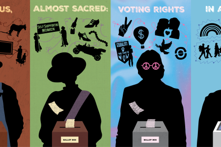 Graphic for exhibition showing silhouettes of four different voters over time and issues that impact their decision