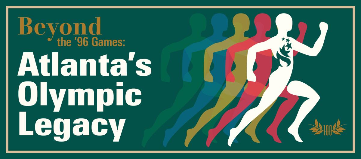 Graphic for the exhibition with teal green background showing a colorful outline of a person running with fade.