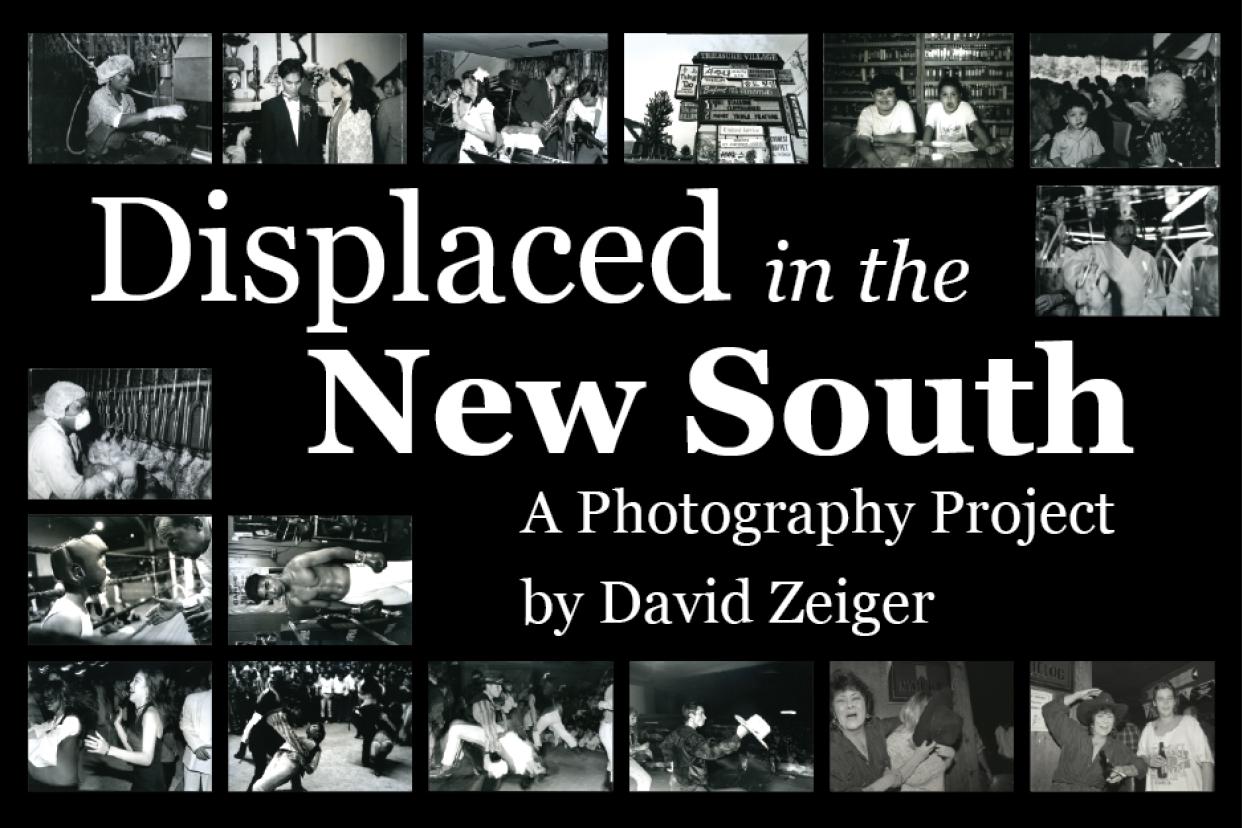Graphic for the exhibition featuring black and white Poloraid images from 1990s immigrant communities around Atlanta.