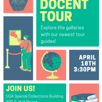 A pink, green, and blue image that depicts graphics of a vase, books, and a globe, and includes the date, time, and location of the Student Docent Tour.