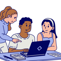 students helping two students. one has a laptop.
