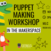Green graphic for a puppet making workshop in the makerspace depicting a few puppets, including a dog puppet and a fox puppet