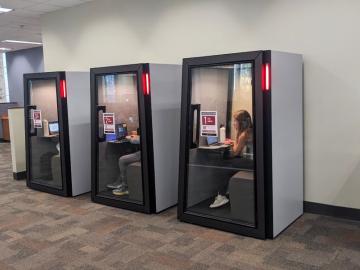 3 Zoom Booths located on the 1st floor of the Main Library