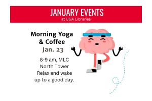 cartoon brain doing a yoga pose with info on yoga and coffee event Jan. 23