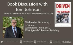 Image of Tom Johnson wearing a suit. Image of Driven book cover. Logos of co-sponsors.